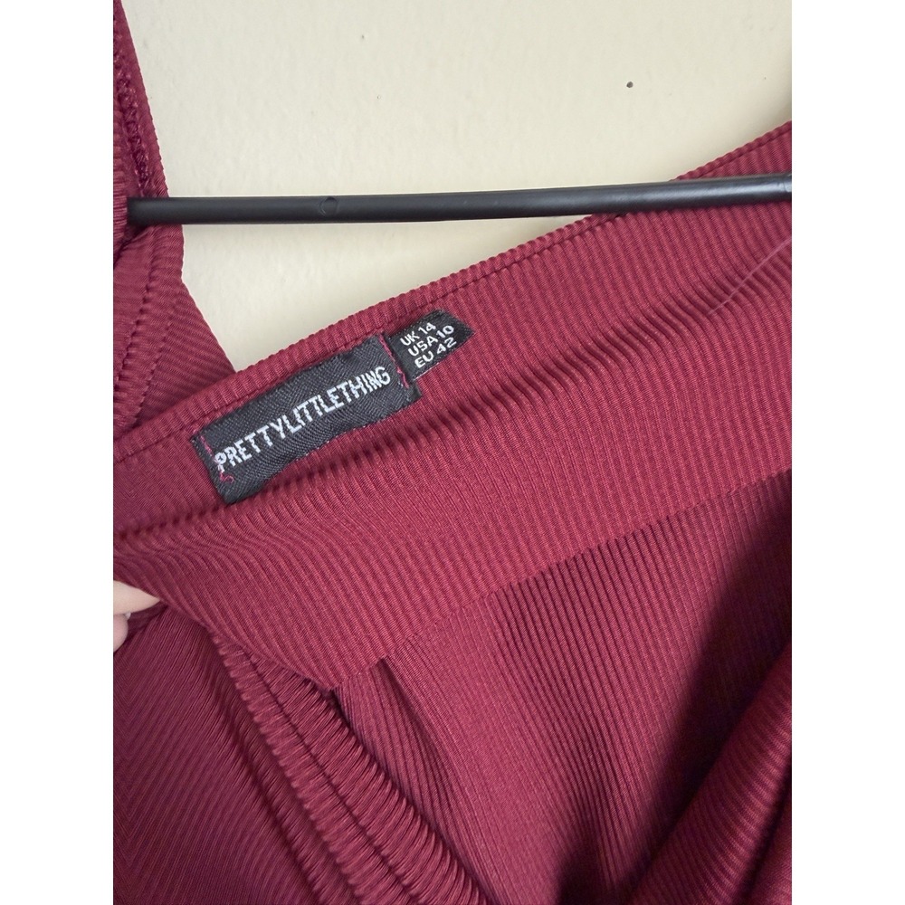 PrettyLittleThing Burgundy Ribbed Off Shoulder Ruched Drawstring Midi Dress S 10 - Picture 4 of 10